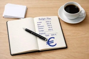 Geordneter Schreibtisch mit Notizbuch, Stift und einem symbolischen €-Zeichen auf Papier