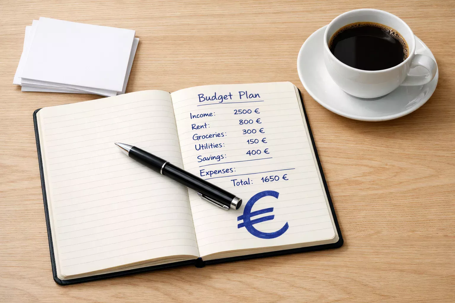 Geordneter Schreibtisch mit Notizbuch, Stift und einem symbolischen €-Zeichen auf Papier