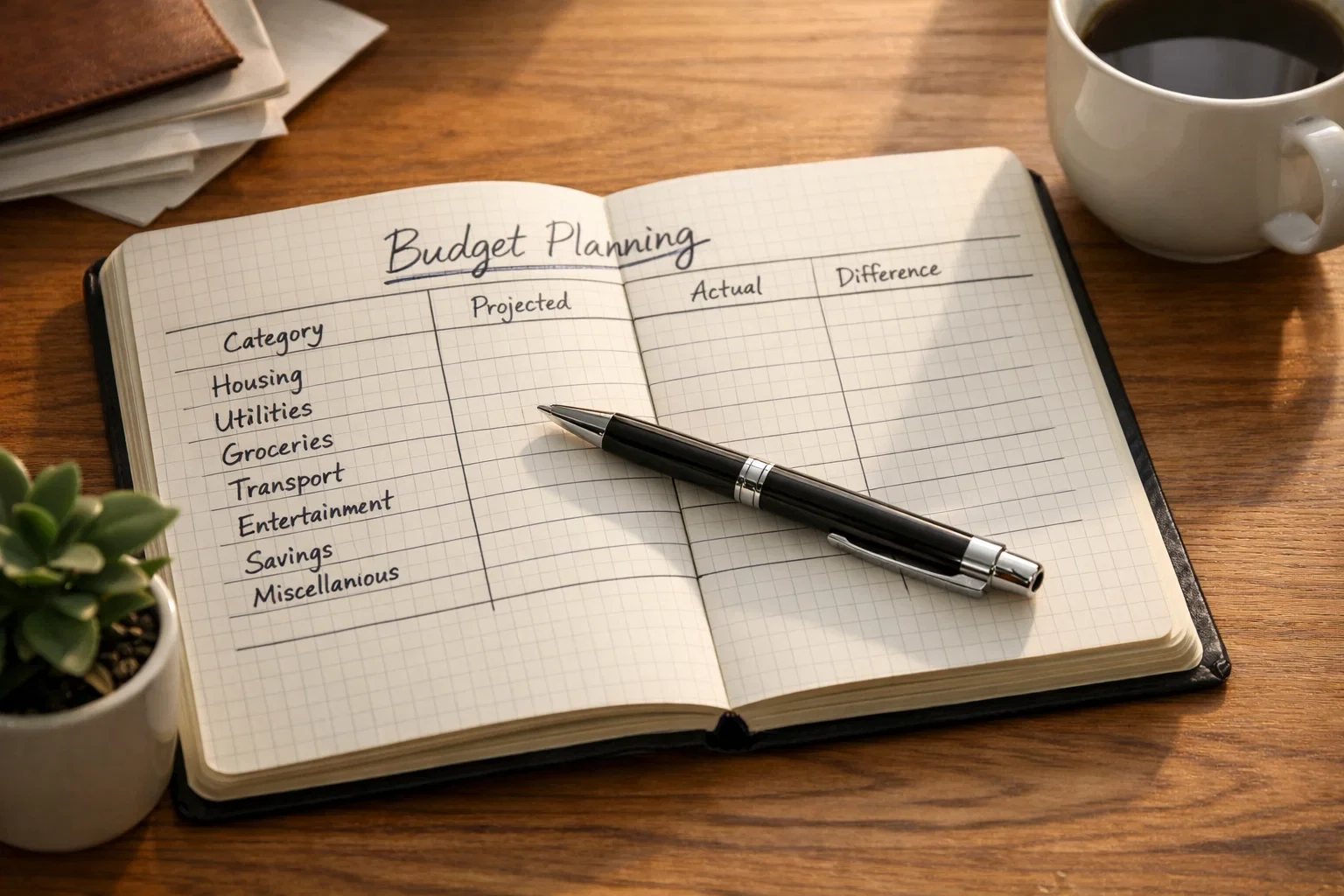 Offenes Notizbuch mit Budget-Planung und einem Stift daneben