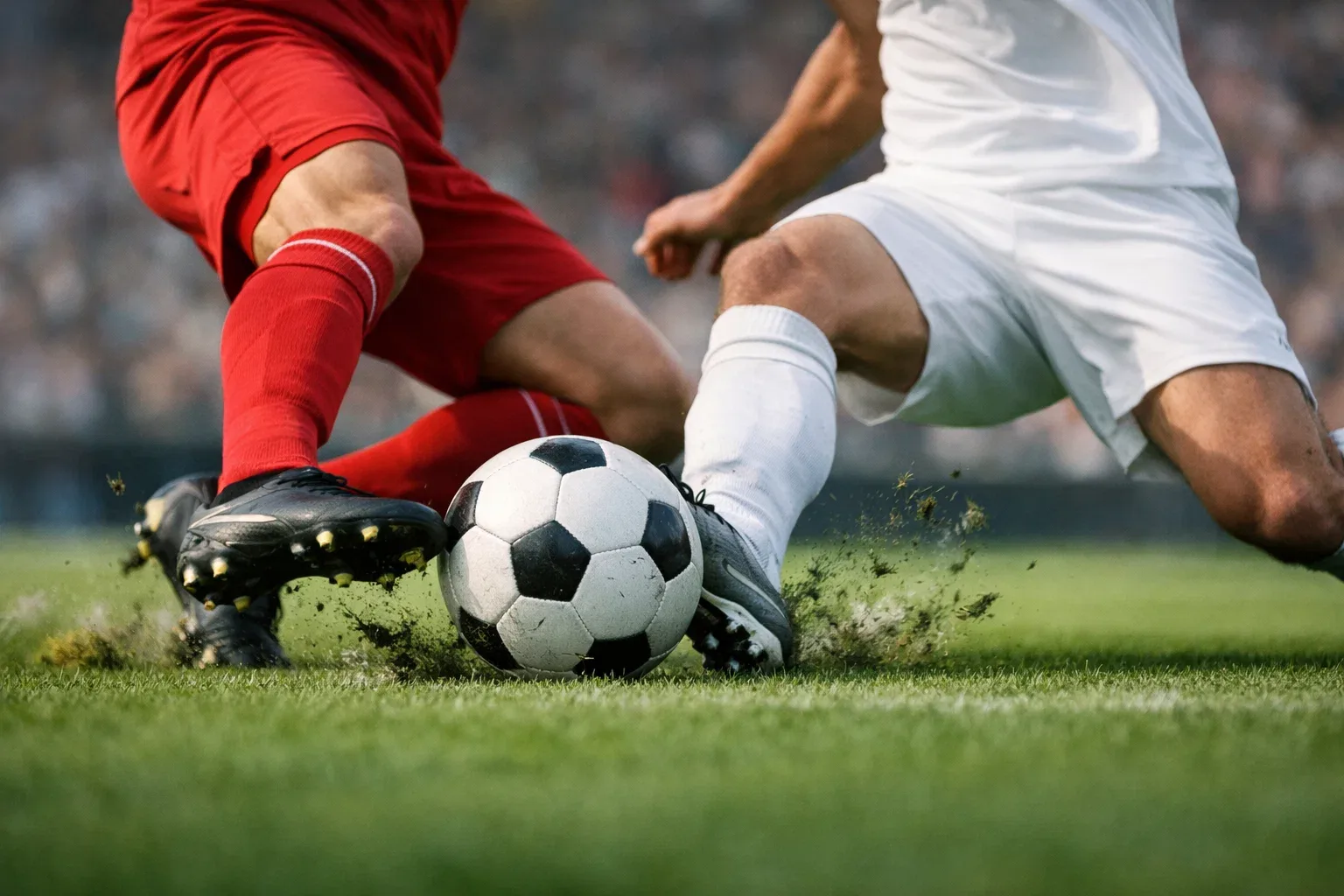 Zwei Fußballspieler im intensiven Zweikampf um den Ball auf grünem Rasen