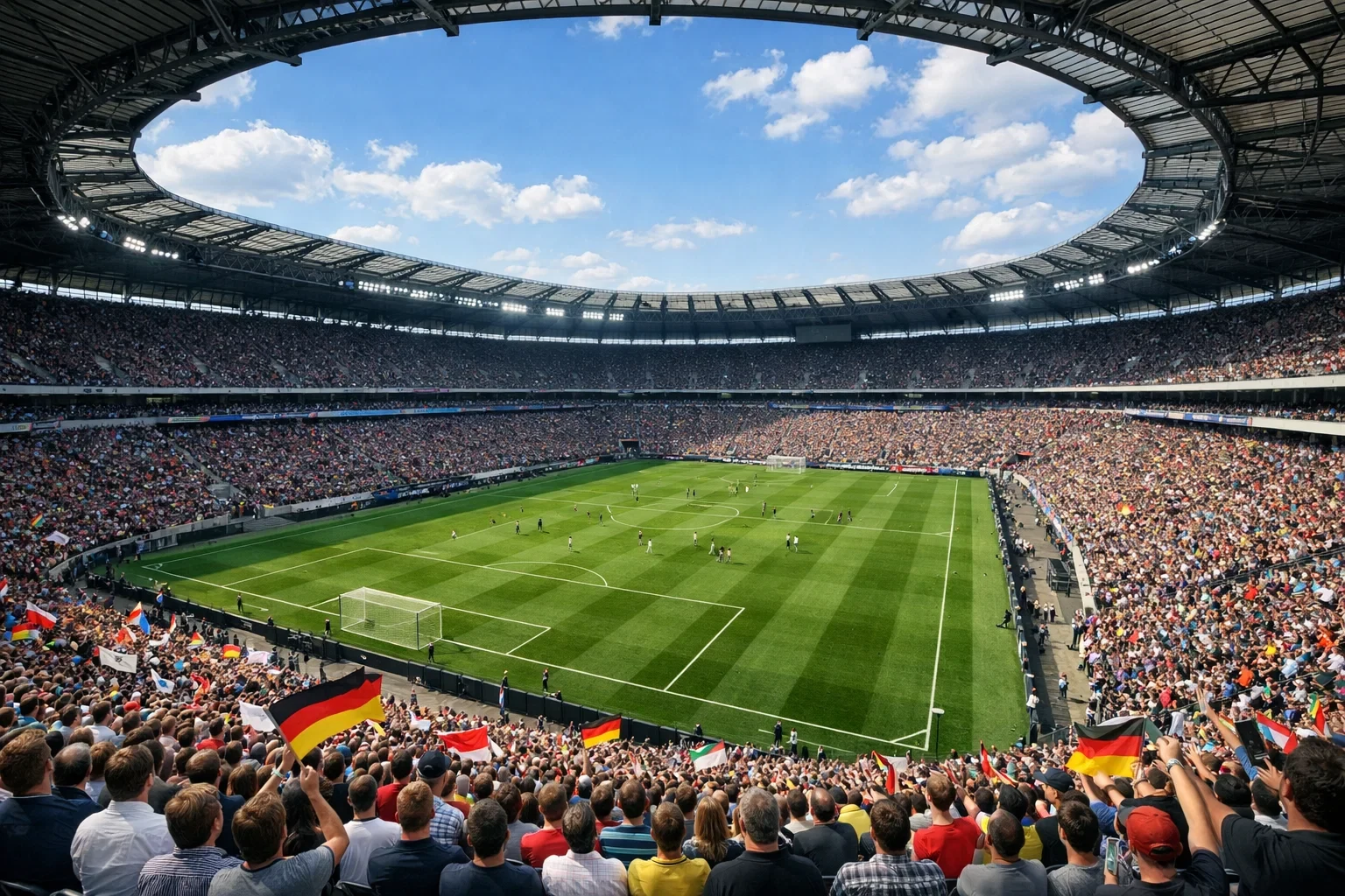 Volles Bundesliga-Stadion mit grünem Rasen bei Tageslicht