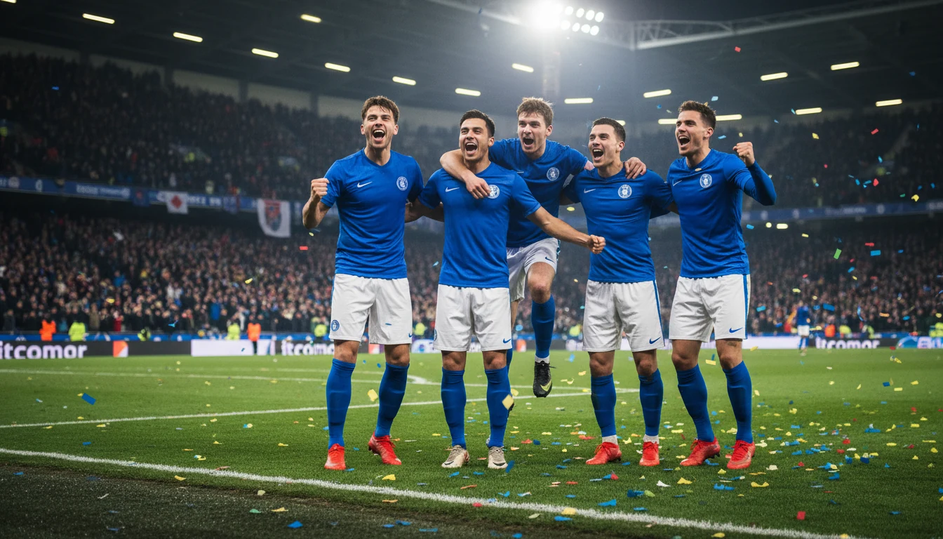 Fußballmannschaft feiert gemeinsam ein Tor auf dem Spielfeld
