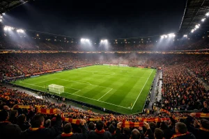 Volles Bundesliga-Stadion mit Fans und grünem Rasen bei einem Abendspiel unter Flutlicht