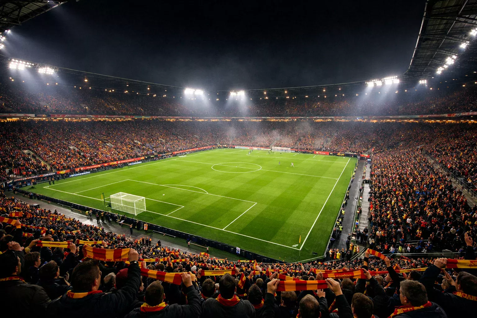 Volles Bundesliga-Stadion mit Fans und grünem Rasen bei einem Abendspiel unter Flutlicht