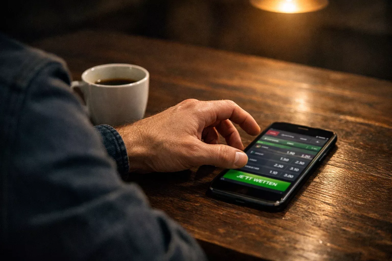Hand greift nach einem Smartphone mit einem Sportwetten-Bildschirm auf einem Tisch