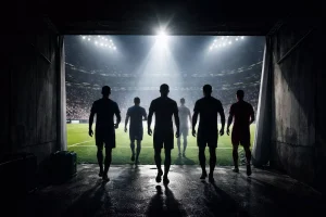 Fußballspieler betreten den Rasen eines großen europäischen Stadions bei Flutlicht
