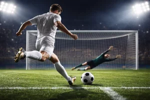 Fußballspieler schießt auf das Tor aus kurzer Distanz im Strafraum