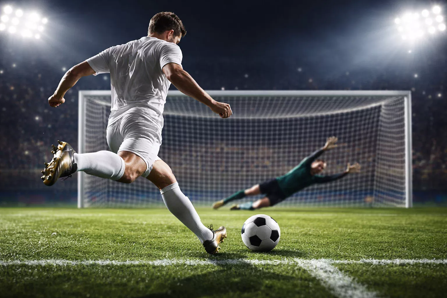 Fußballspieler schießt auf das Tor aus kurzer Distanz im Strafraum