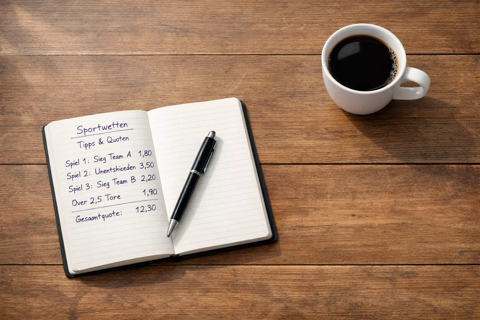 Aufgeräumter Schreibtisch mit Notizbuch, Stift und einer Tasse Kaffee