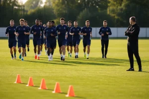 Fußballmannschaft beim Mannschaftstraining auf dem Trainingsplatz bei Tageslicht
