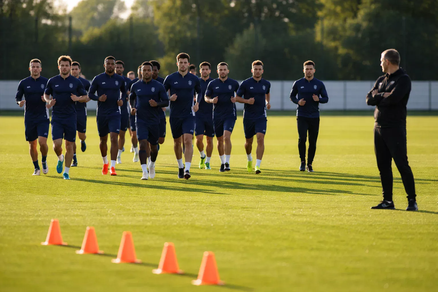 Fußballmannschaft beim Mannschaftstraining auf dem Trainingsplatz bei Tageslicht