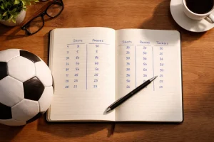 Aufgeschlagenes Notizbuch mit handgeschriebenen Statistiken neben einem Fußball auf einem Schreibtisch