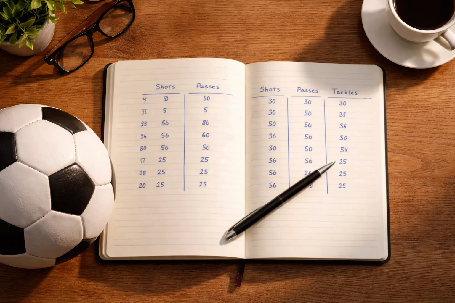 Aufgeschlagenes Notizbuch mit handgeschriebenen Statistiken neben einem Fußball auf einem Schreibtisch