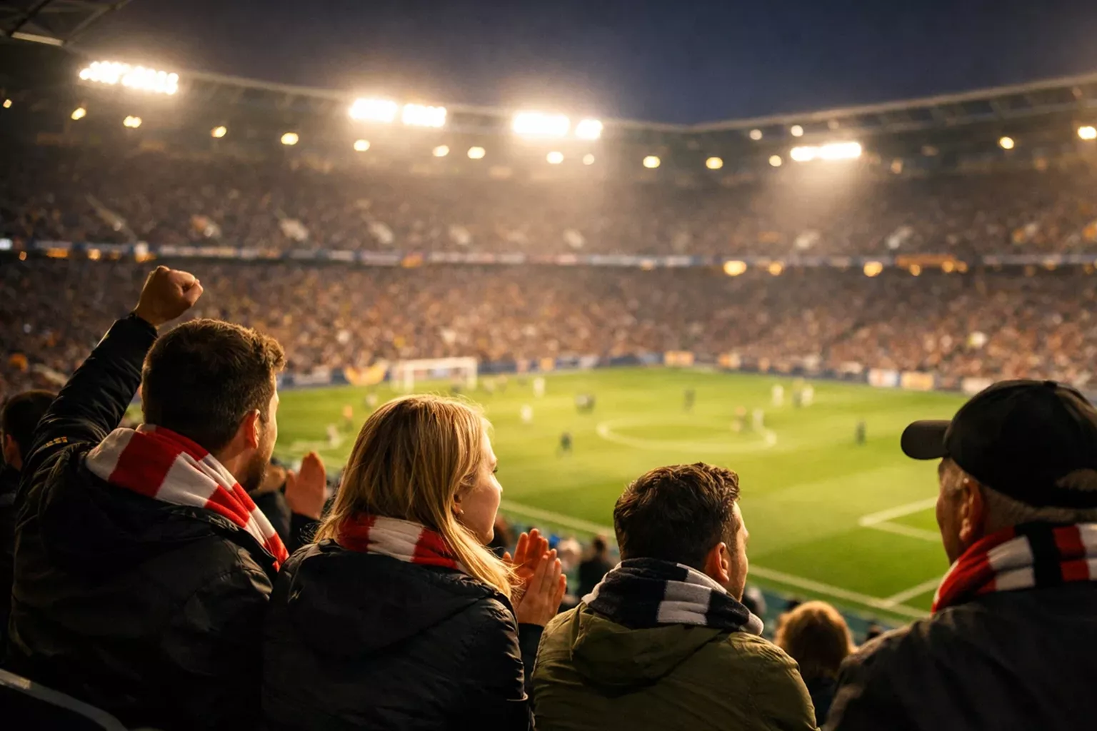 Fußballfans im Stadion verfolgen ein Spiel bei Flutlicht