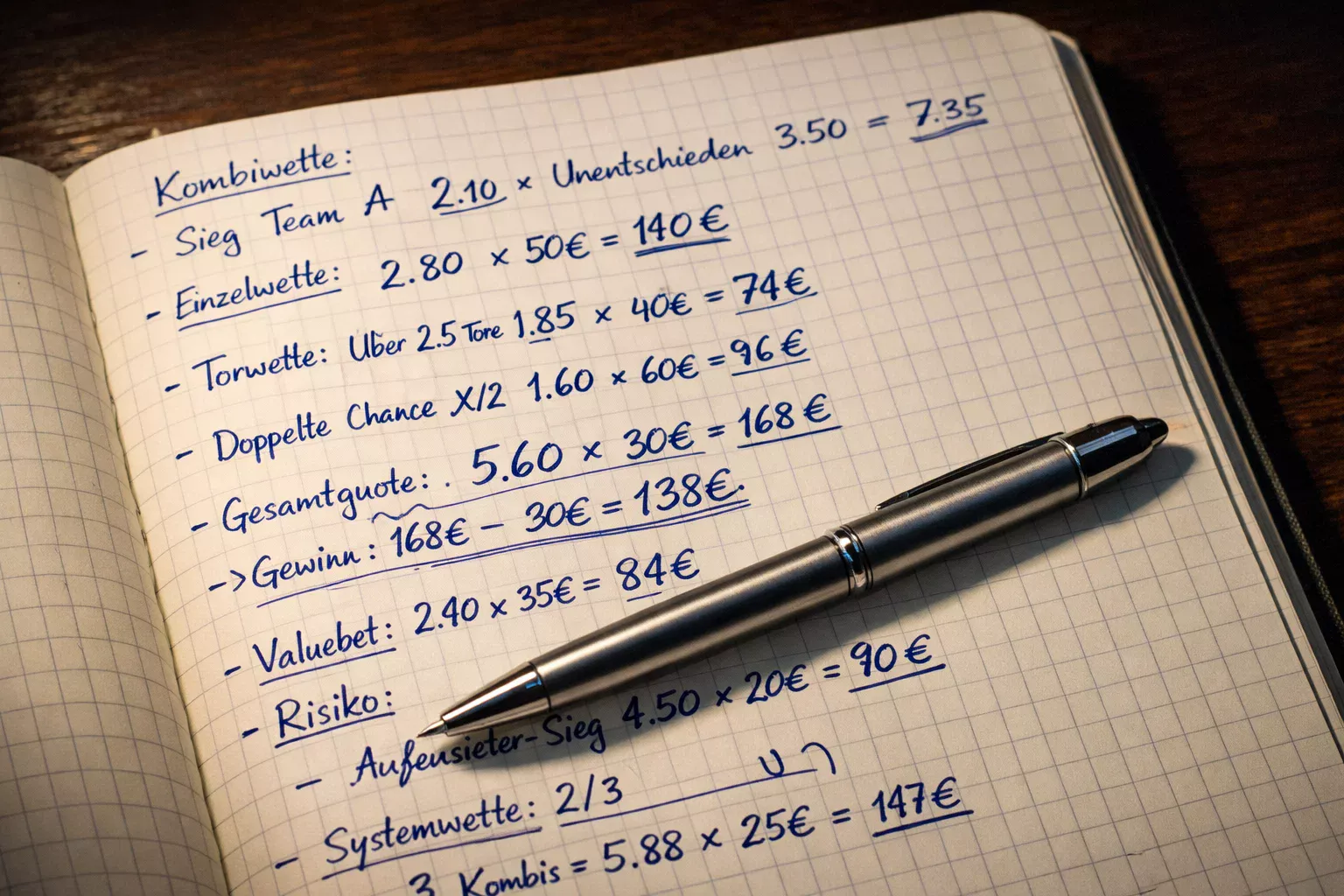 Nahaufnahme eines Notizblocks mit handschriftlichen Berechnungen und einem Stift