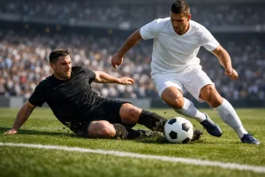 Fußballspieler auf grünem Rasen bei einem Zweikampf im Stadion