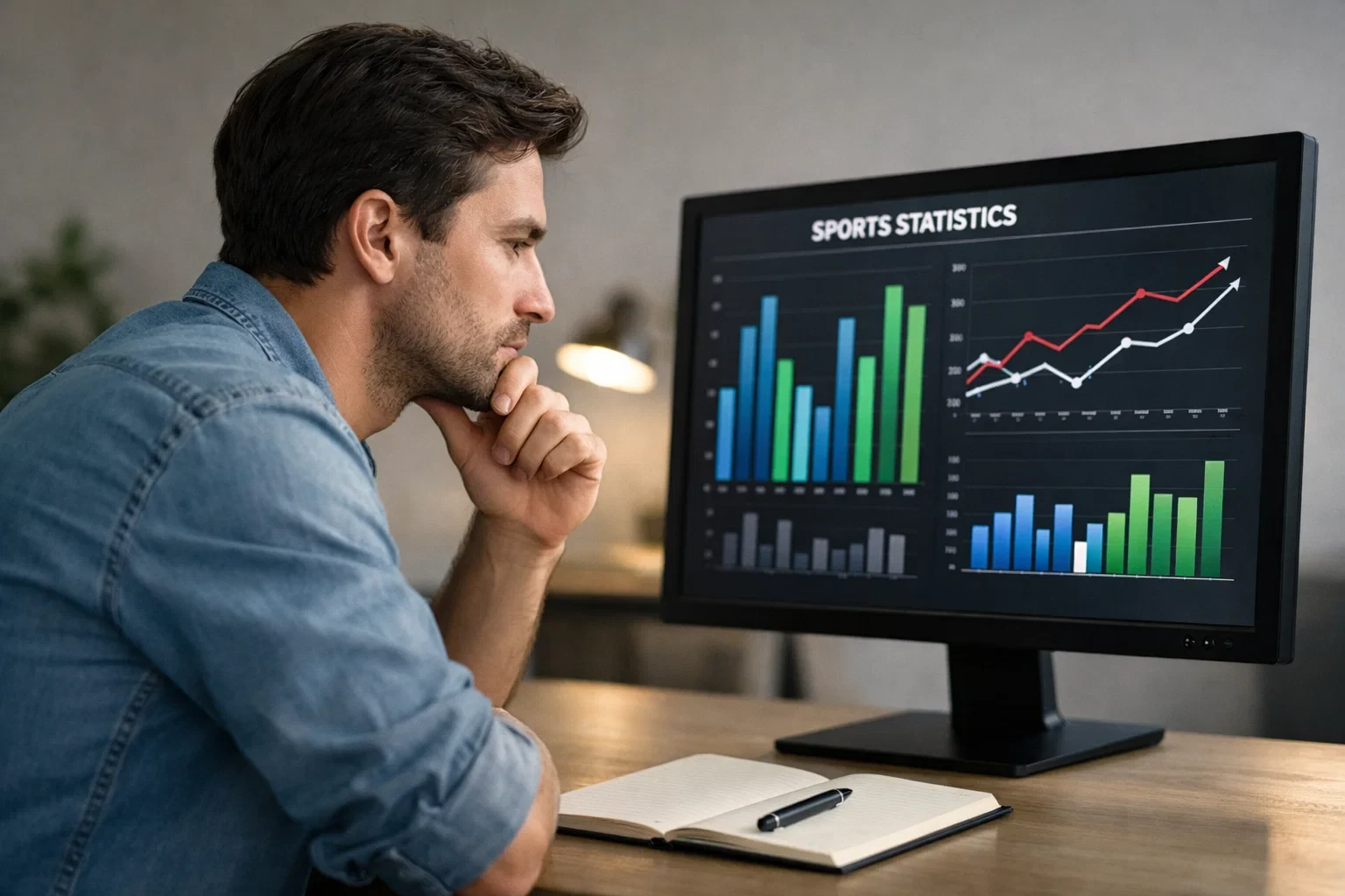 Fokussierte Person analysiert Sportstatistiken am Schreibtisch