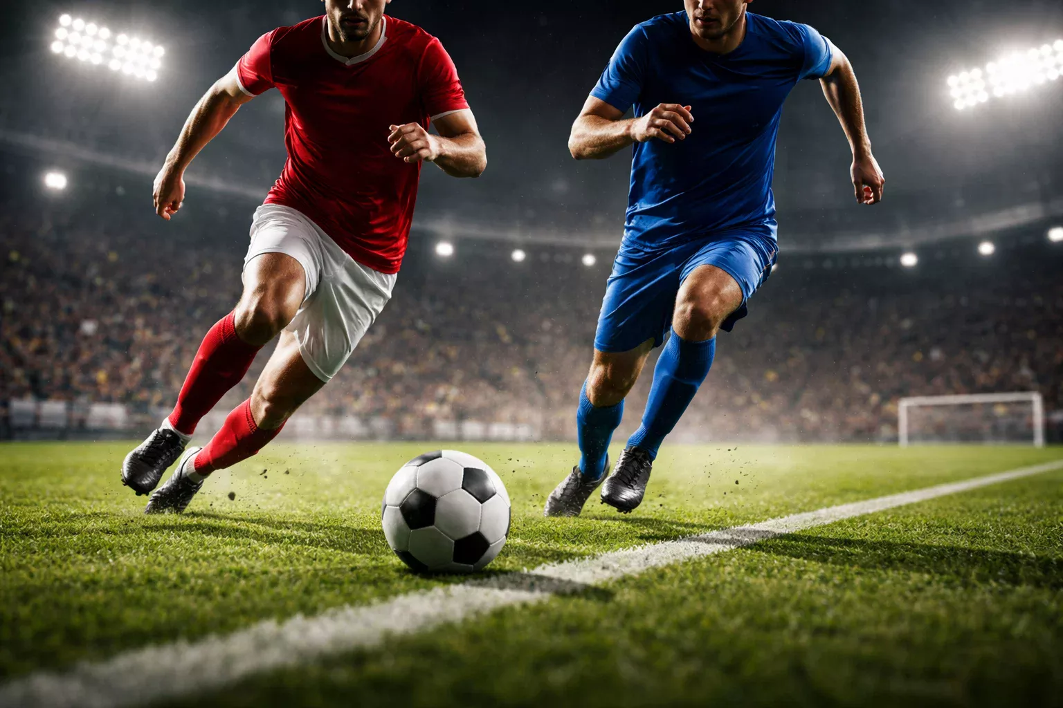 Fußballspiel bei Flutlicht aus der Perspektive der Seitenlinie mit Spielern in Aktion