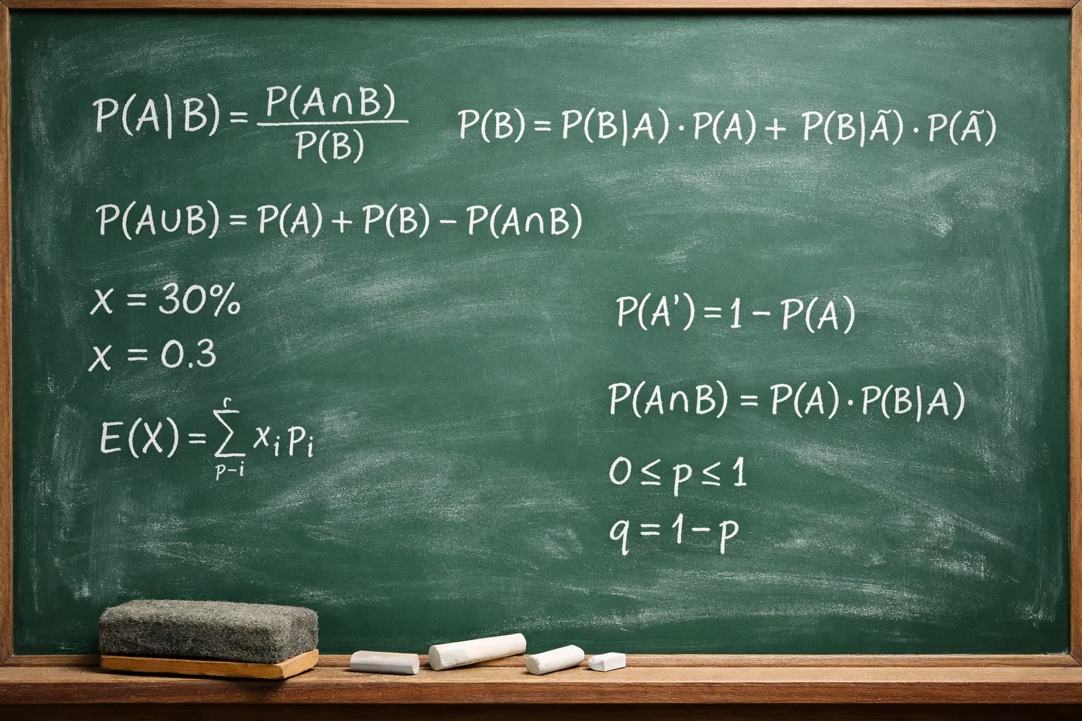 Tafel mit mathematischen Formeln und Wahrscheinlichkeitsberechnungen