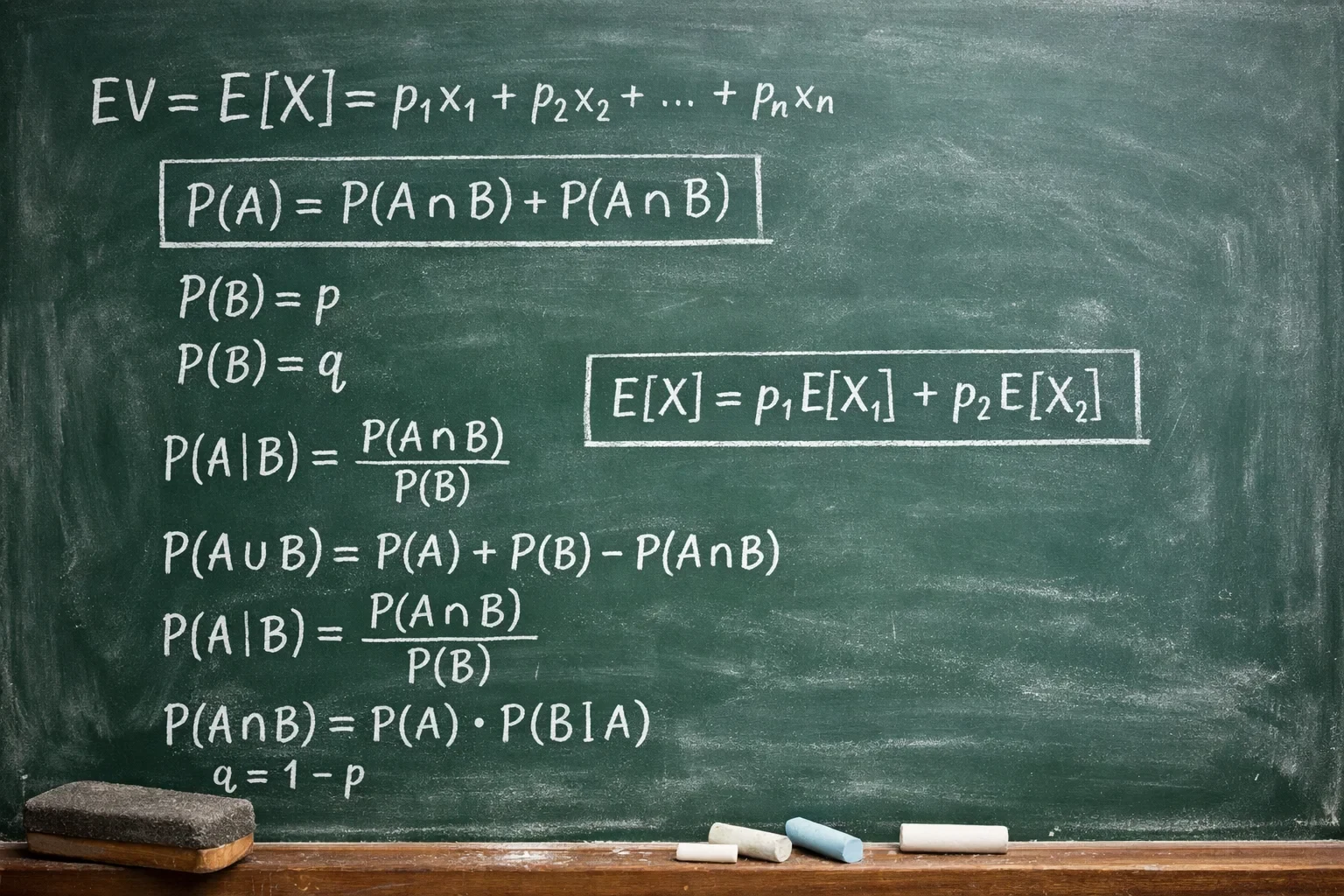 Mathematische Formeln für Erwartungswert auf einer Tafel geschrieben