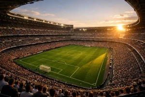 Drei verschiedene Fußballstadien nebeneinander als Panorama bei Abendlicht