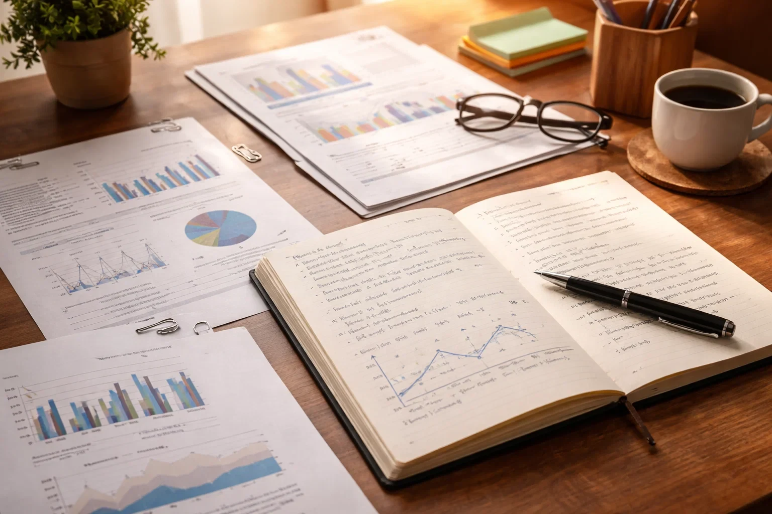 Schreibtisch mit Notizbuch, Stift und Statistik-Ausdrucken für die Recherche