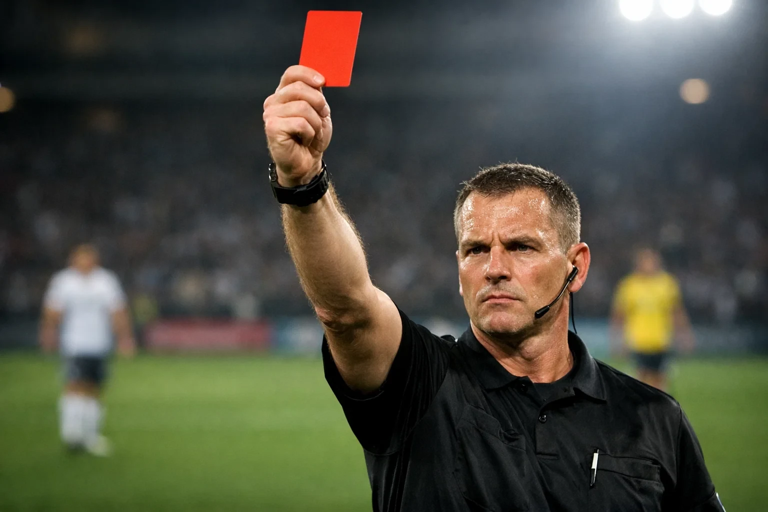 Schiedsrichter zeigt die Rote Karte einem Fußballspieler