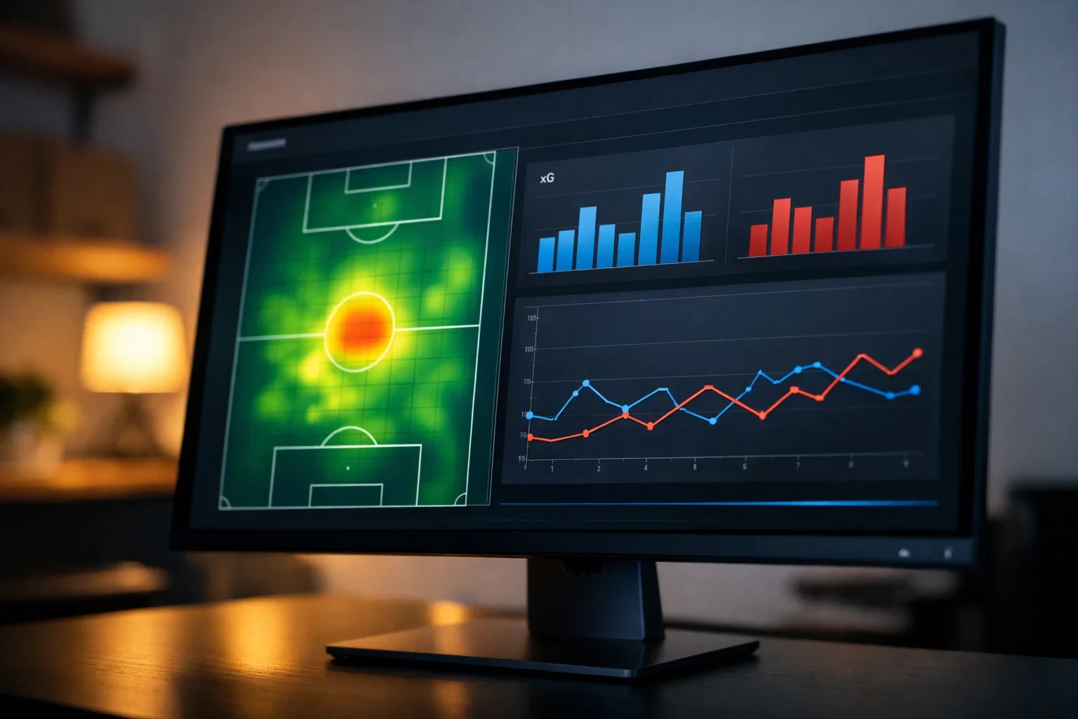 Bildschirm mit Fußball-Spielstatistiken und einfachen Diagrammen