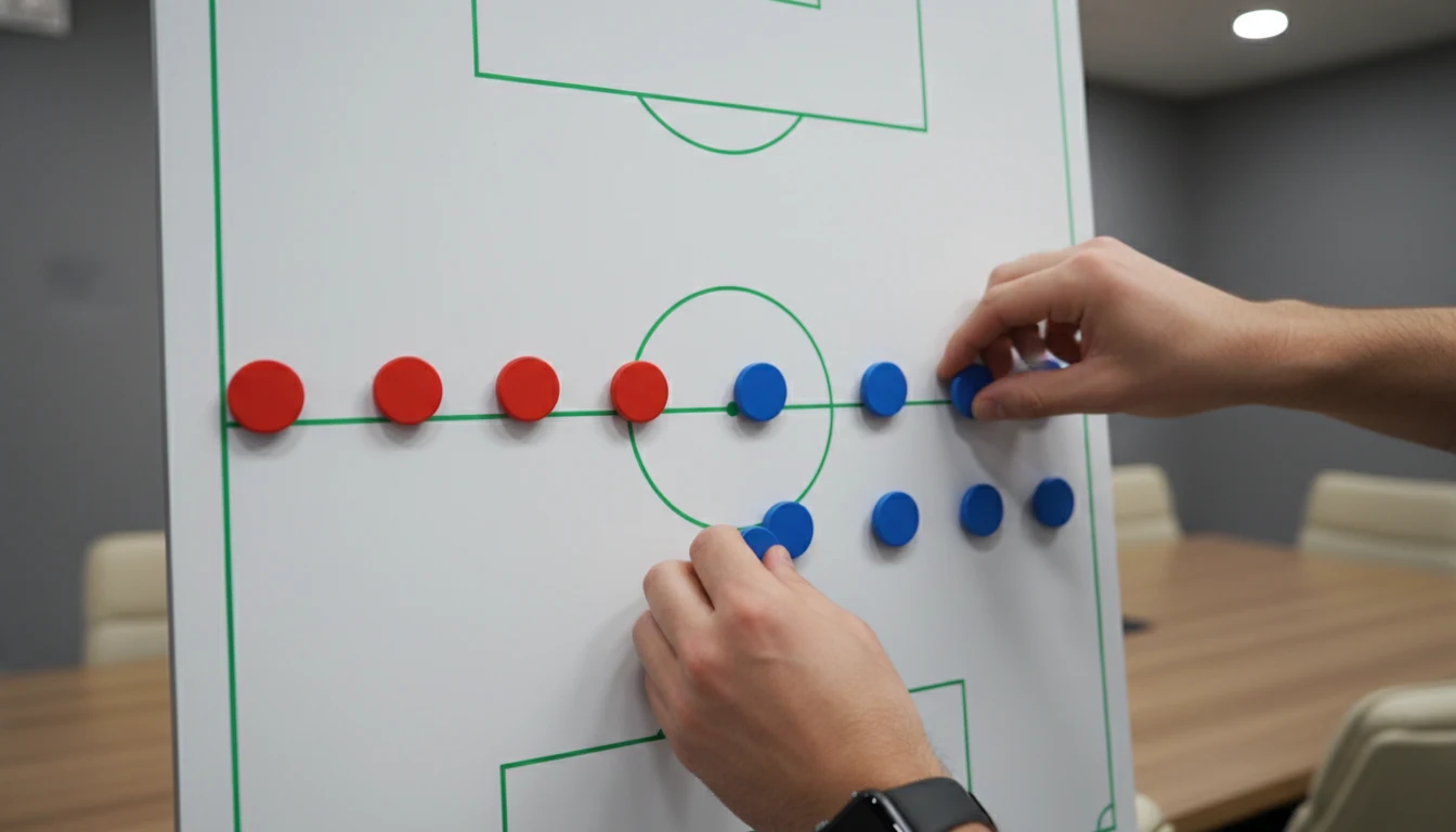 Trainer erklärt die Spieltaktik auf einer Taktiktafel mit Spielfiguren