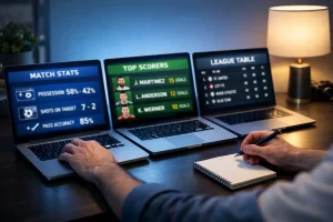 Mehrere geöffnete Laptops nebeneinander auf einem Schreibtisch mit Sportwetten-Analyse