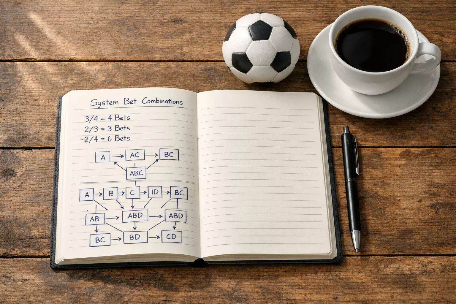 Aufgeschlagenes Notizbuch mit Stift und Fußball auf einem Holztisch