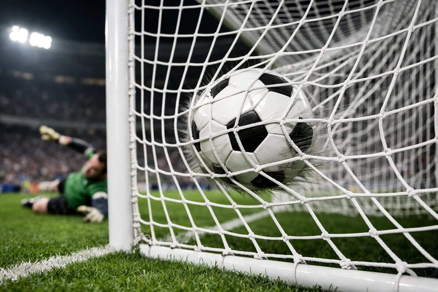 Fußball fliegt ins Tornetz bei einem Torschuss