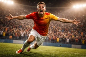 Fußballspieler jubelt nach einem Tor vor der Fankurve im Stadion