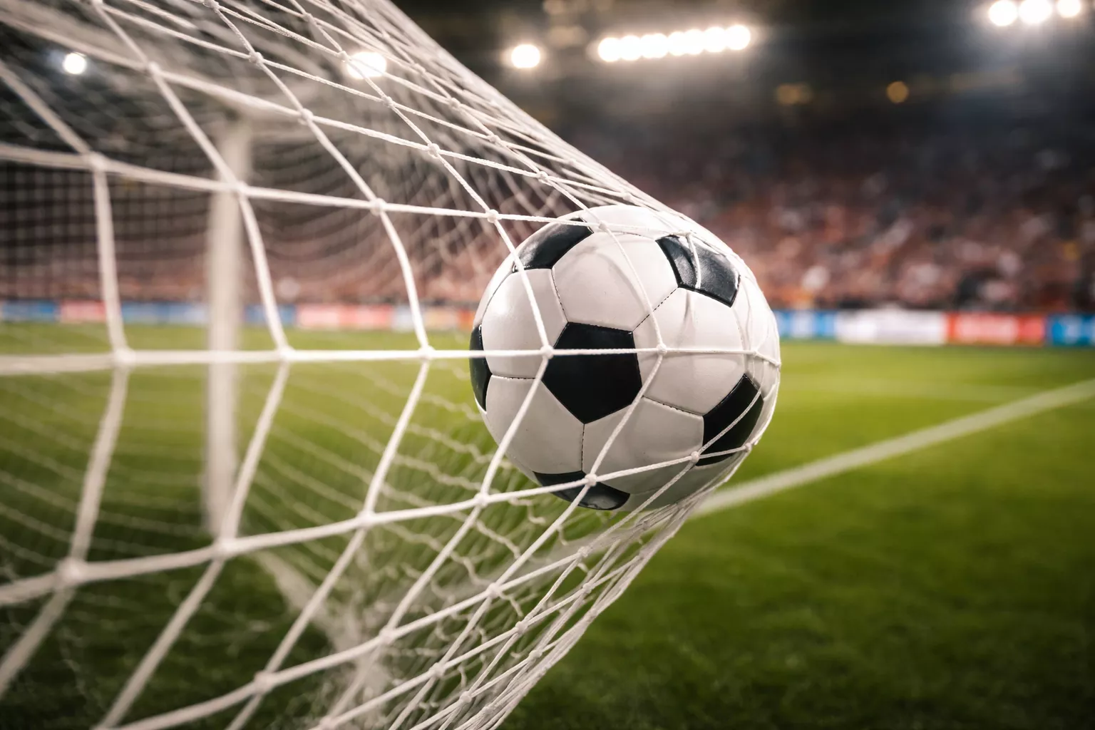 Fußball liegt im Tornetz nach einem Treffer in einem Stadion