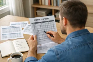 Mann vergleicht Sportwetten-Quoten auf Papier an einem ordentlichen Schreibtisch