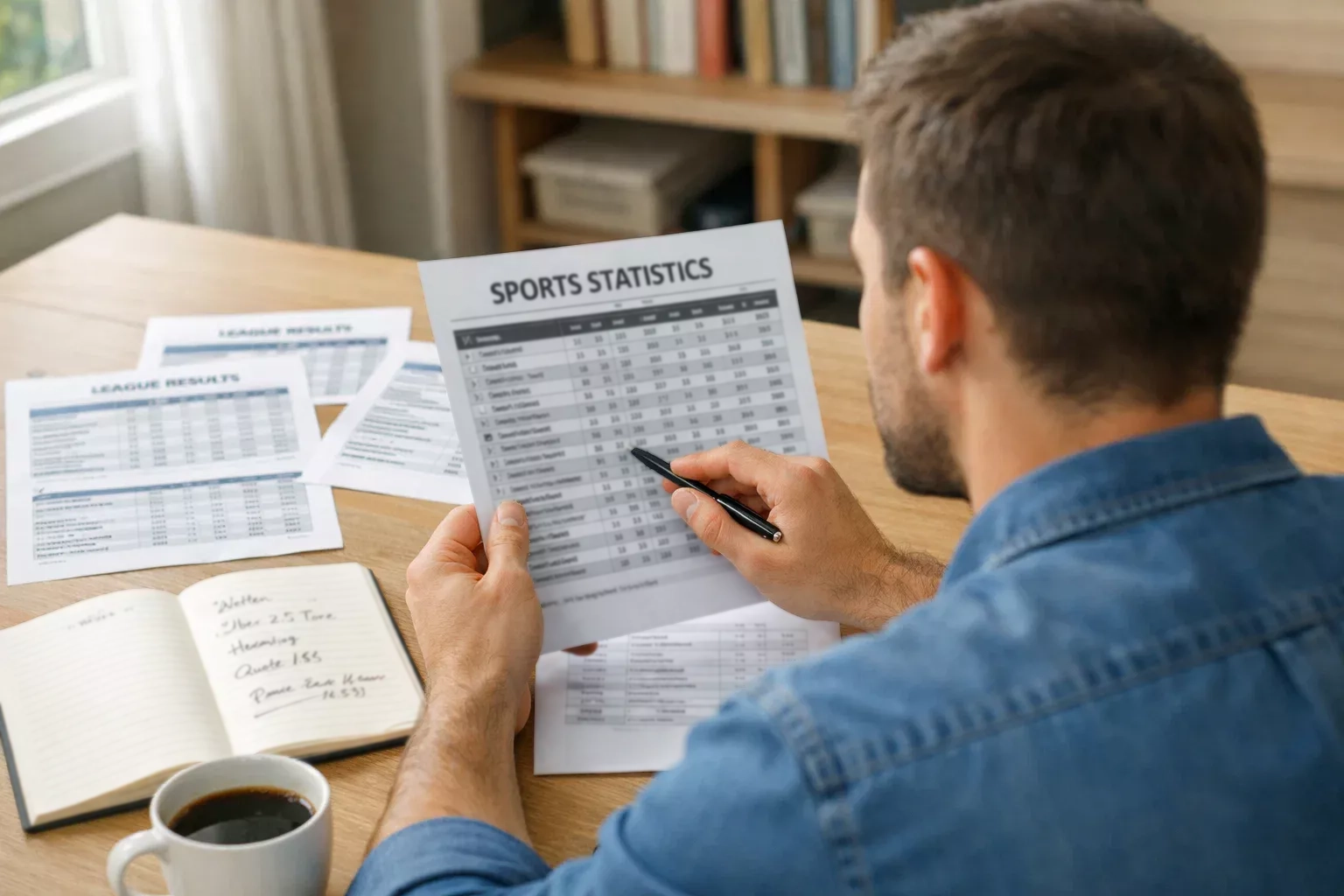 Mann vergleicht Sportwetten-Quoten auf Papier an einem ordentlichen Schreibtisch