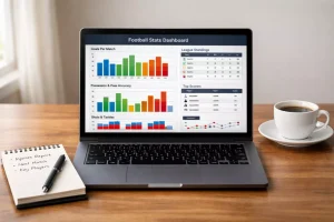 Laptop auf einem Schreibtisch zeigt Fußball-Statistiken neben Notizblock und Kaffee