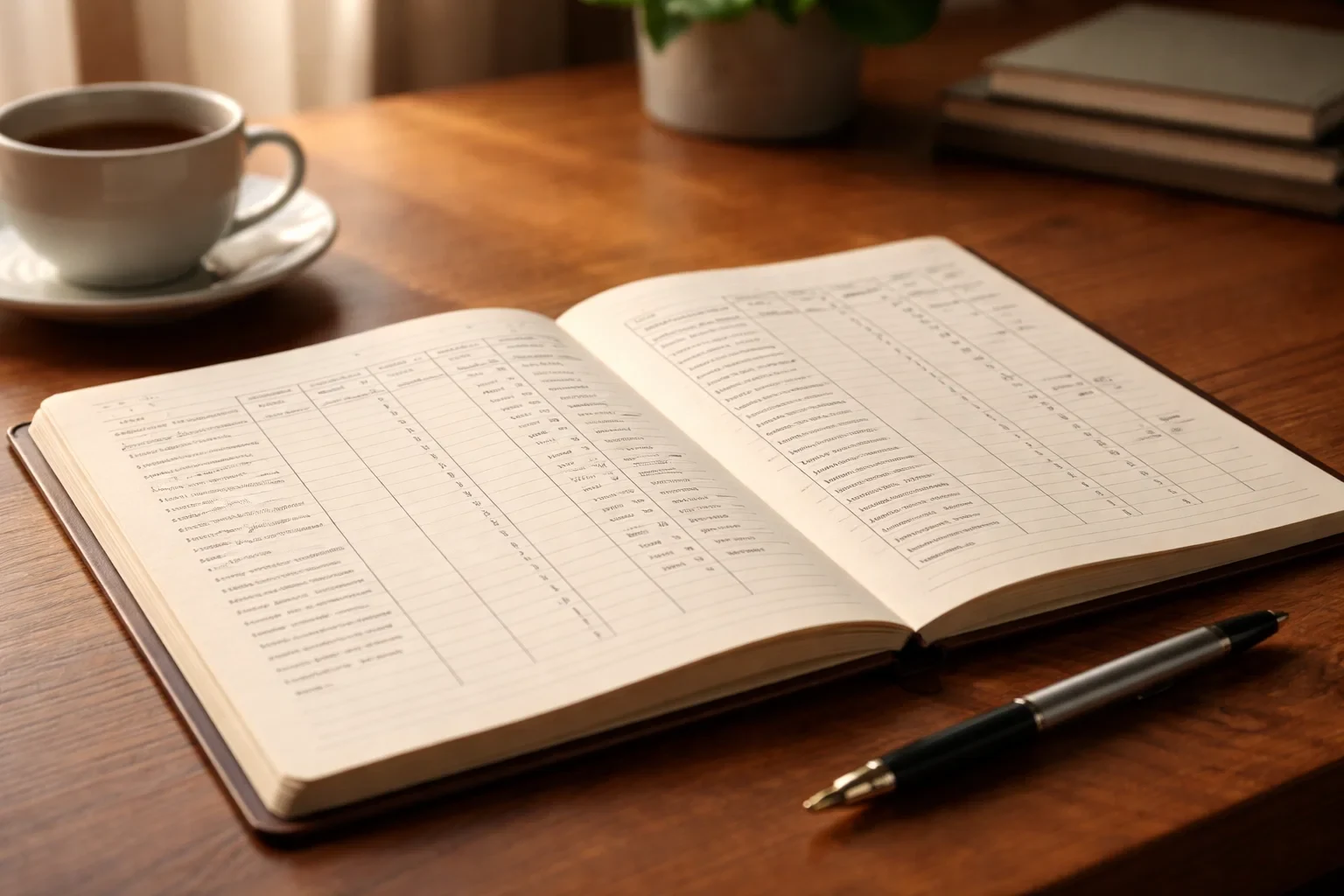 Geöffnetes Notizbuch mit handschriftlichen Aufzeichnungen und Stift