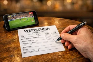 Nahaufnahme eines Wettscheins auf einem Tisch neben einem Smartphone mit Fußballspiel