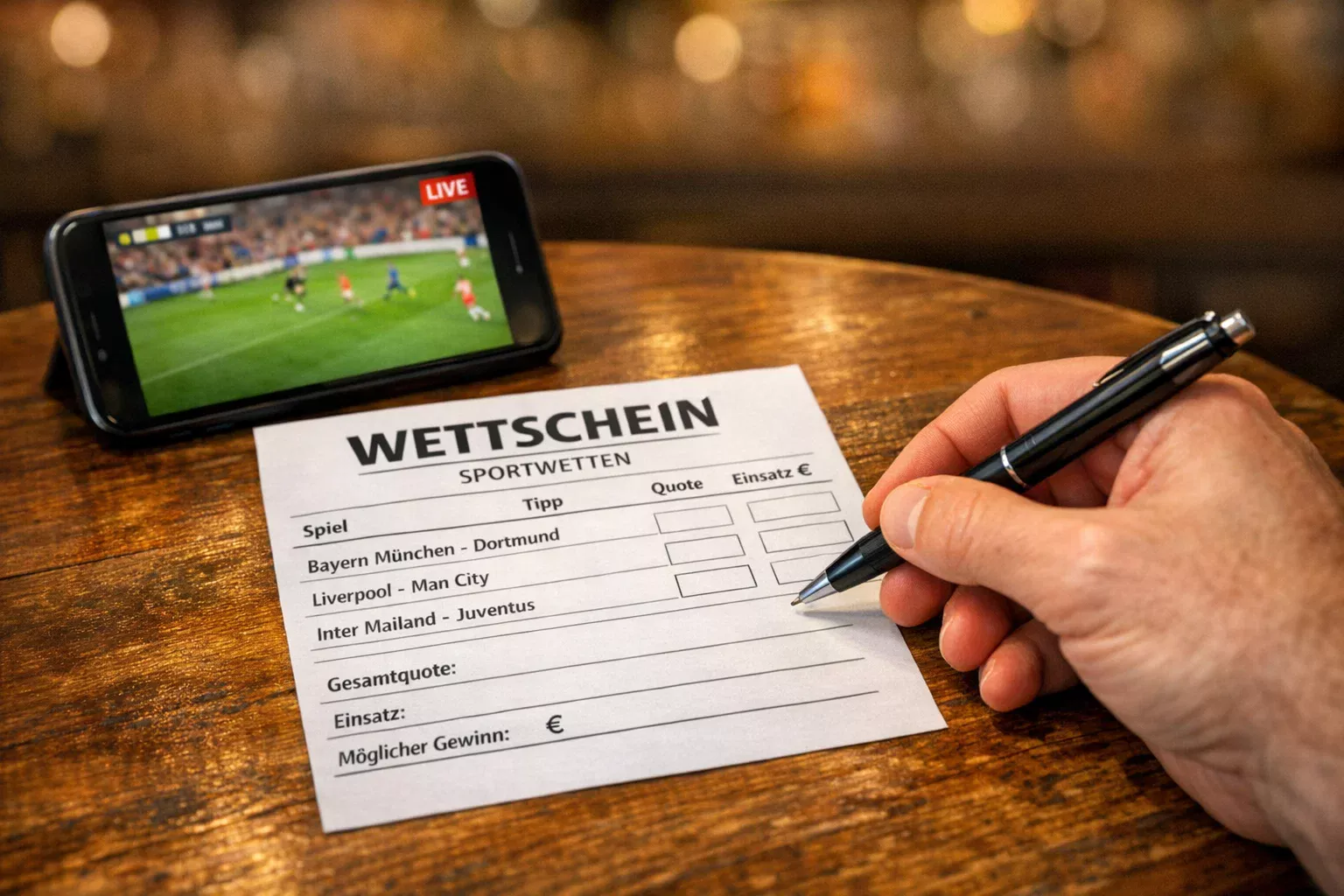 Nahaufnahme eines Wettscheins auf einem Tisch neben einem Smartphone mit Fußballspiel