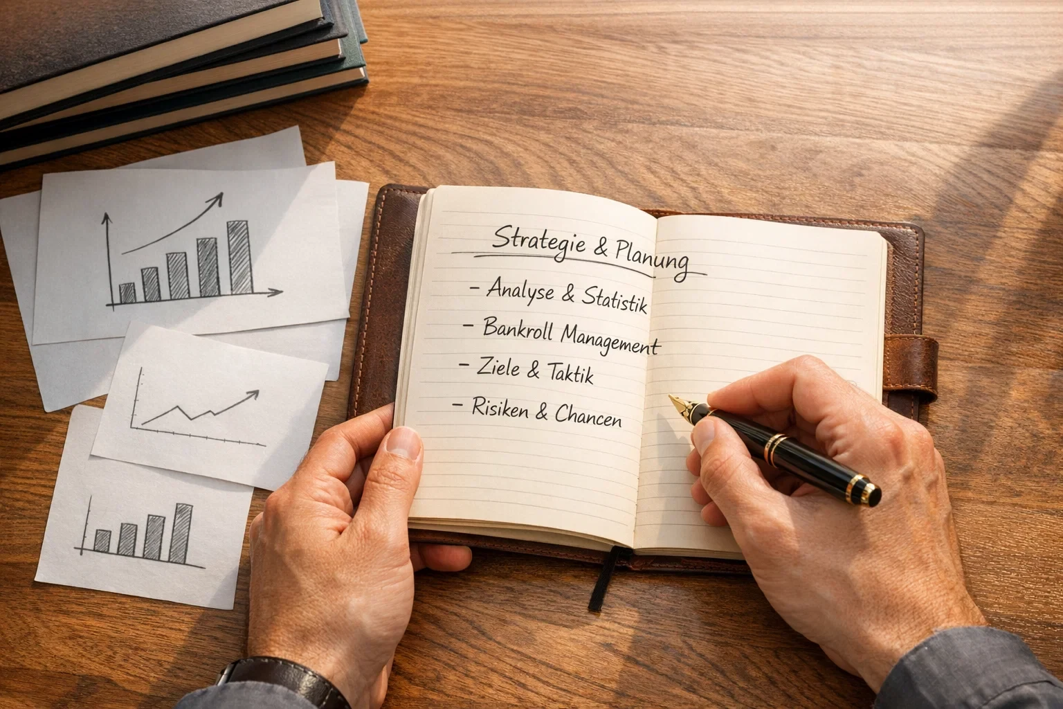 Person plant Wettstrategie mit handschriftlichen Notizen und Stift
