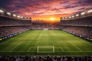 Großes Fußballstadion in den USA mit Nationalflaggen und grünem Rasen bei Sonnenuntergang